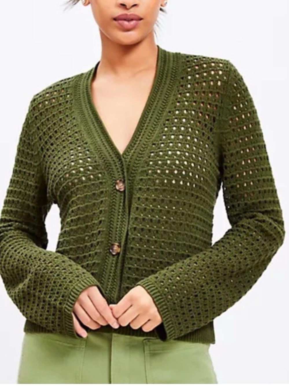 LOFT XL Green Open-Knit Button-Front Cardigan
